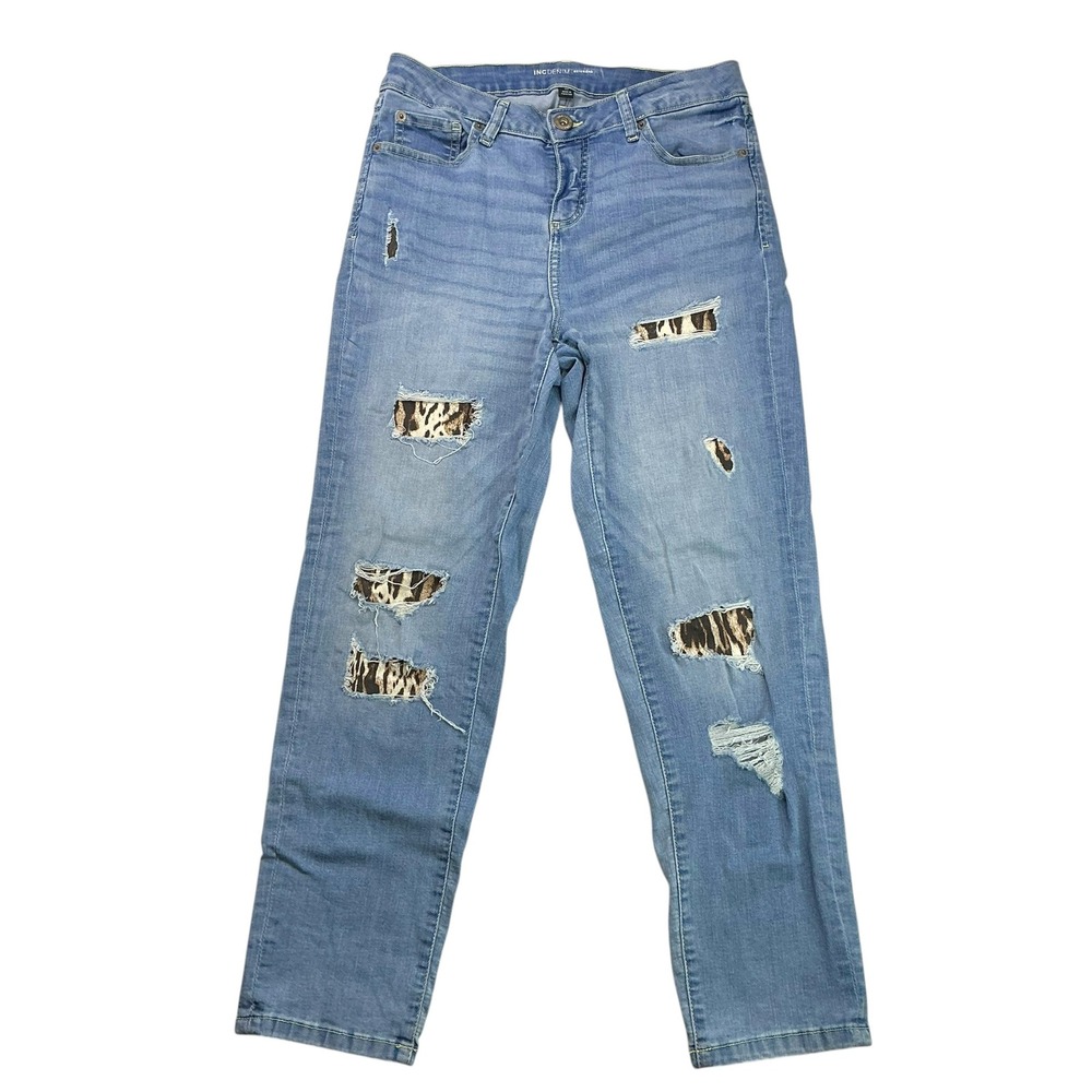 INC Blue Boyfriend Jeans Womens 10P Distressed Leopard Print Patch Mid Rise